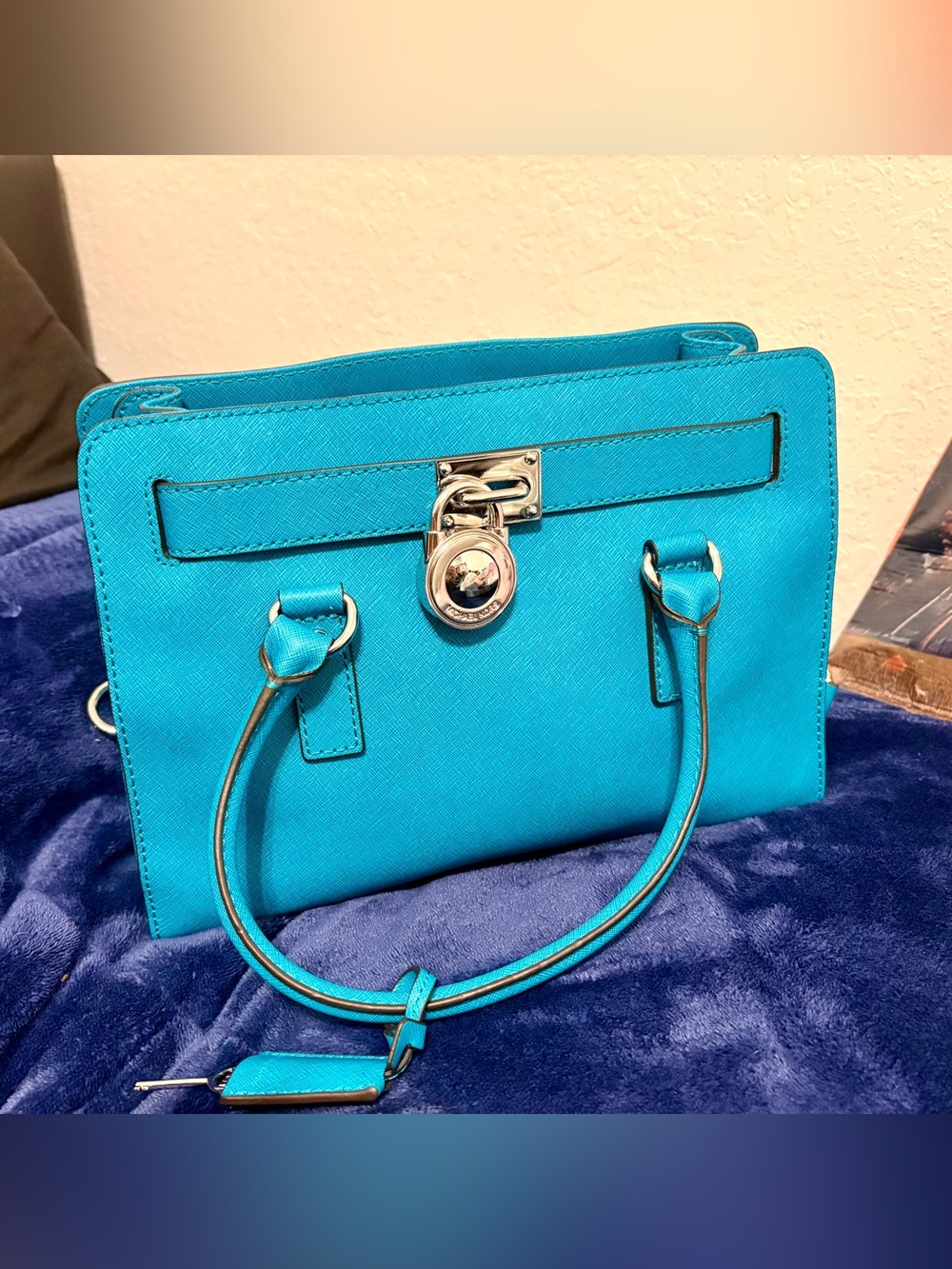 Michael Kors Turquoise Saffiano Leather Satchel with Silver Hardware